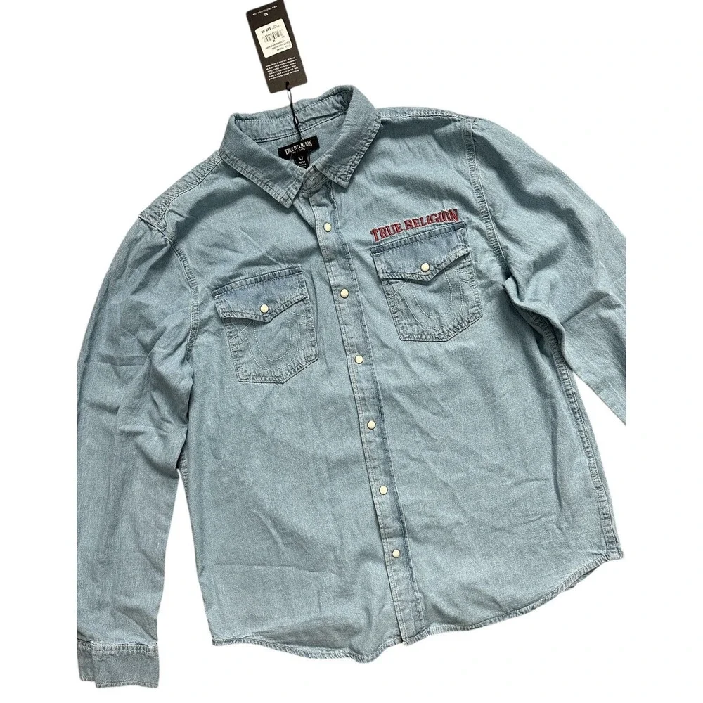True‎ Religion Denim Light Blue Western Pearl Snap Jean Chambray Mens Shirt Sz M